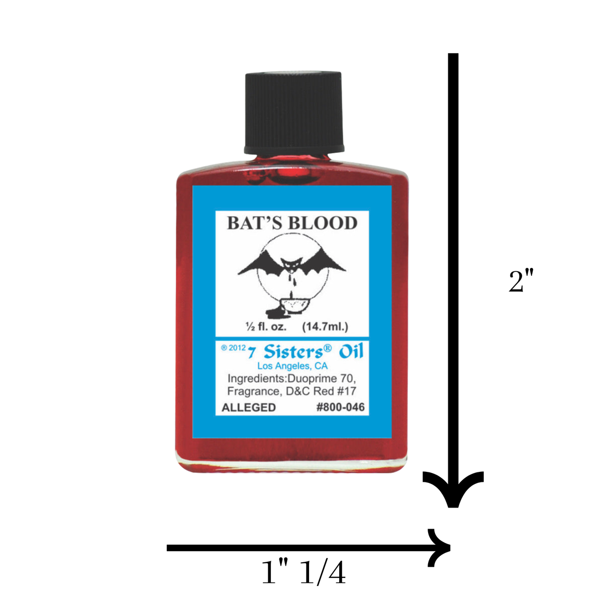 A bottle of Bat's Blood 7 Sisters Oil shown on a white background with black dimension arrows indicating 2 inches tall by 1 1/4 inches wide.