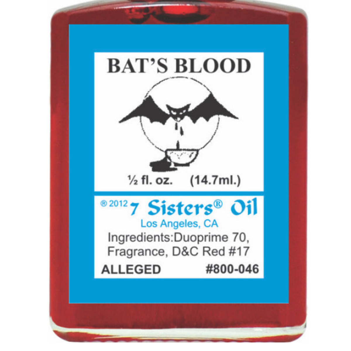 A bottle of 7 Sisters Oil 'Bat's Blood' fragrance oil with a red translucent body and a prominent blue label featuring a bat illustration.