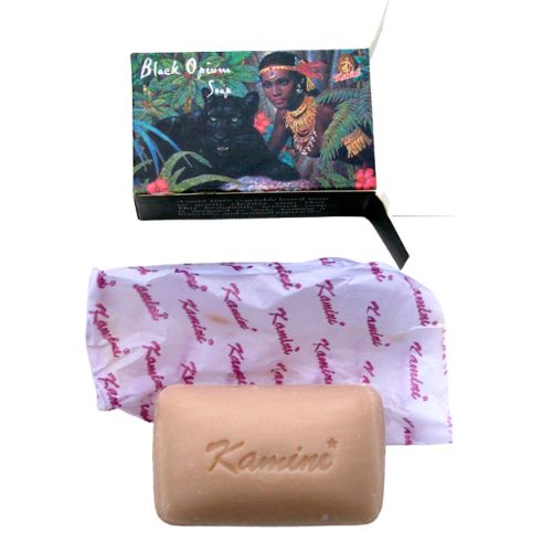 Bar of Kamine soap with a colorful packaging featuring a black panther and a person in a headscarf on a white background.