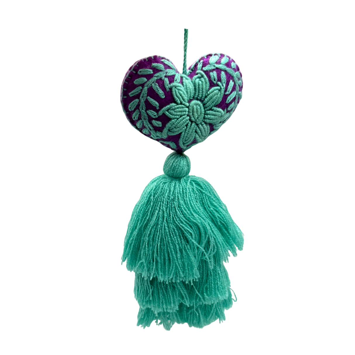 Embroidered Teal Sunflower Tassel Charm 4"