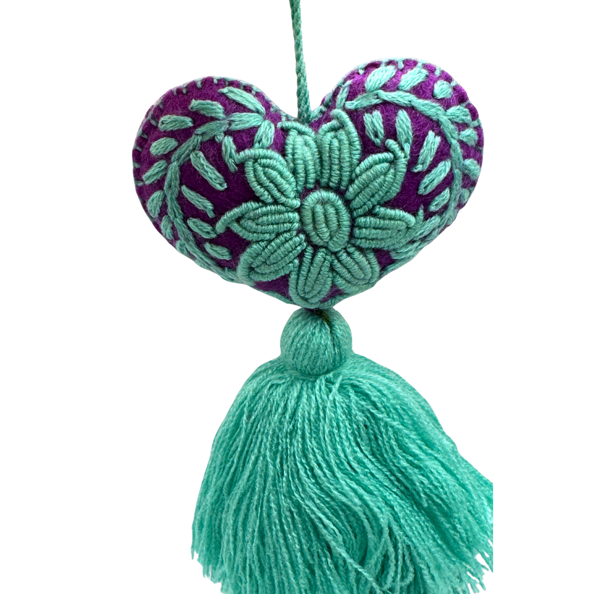 Embroidered Teal Sunflower Tassel Charm 4"