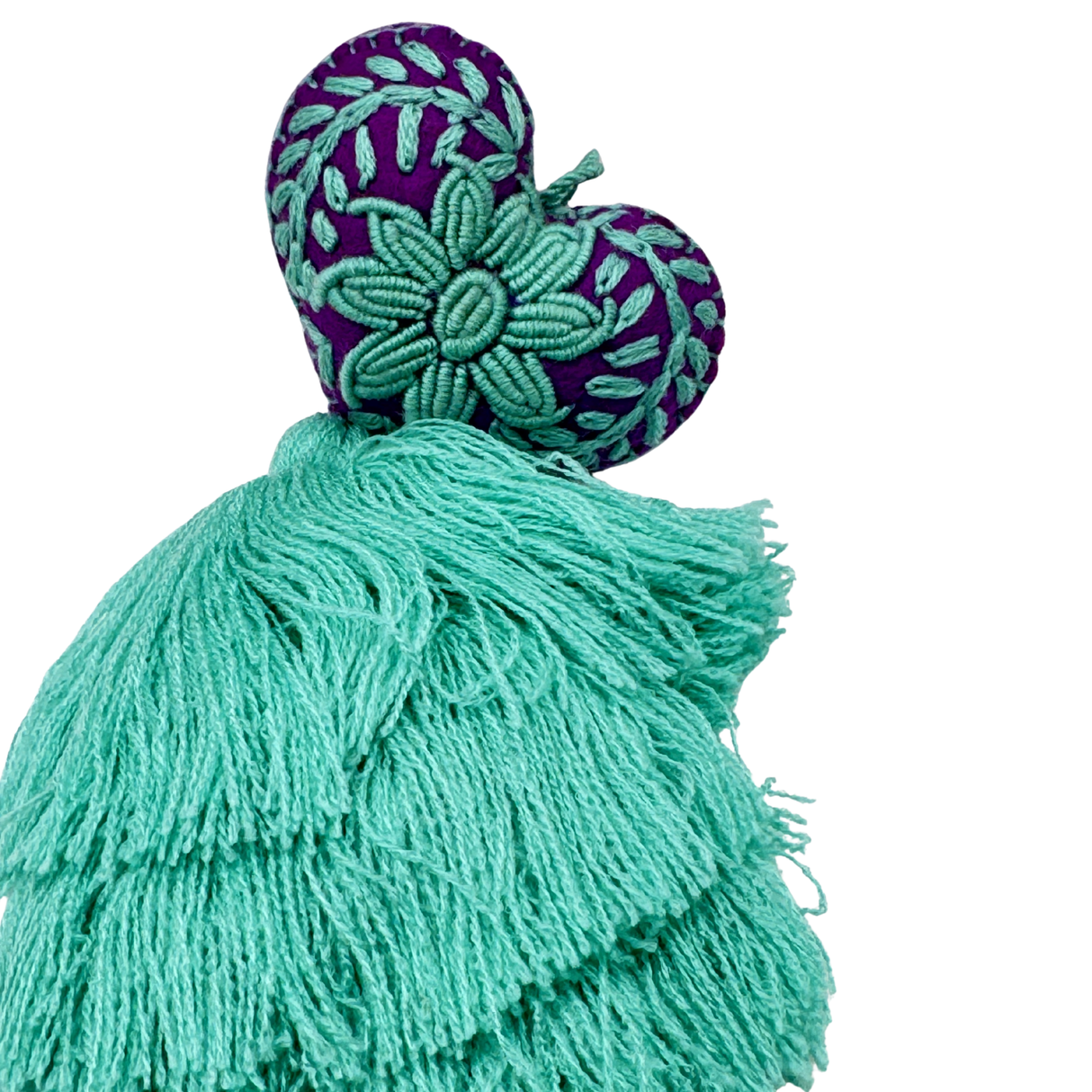 Embroidered Teal Sunflower Tassel Charm 4"