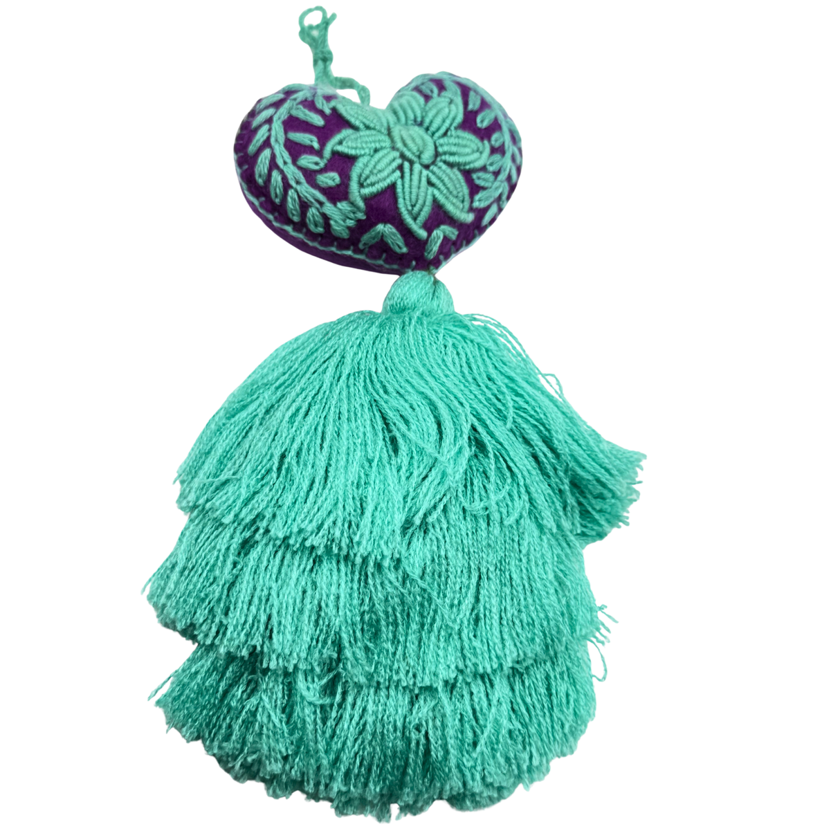 Embroidered Teal Sunflower Tassel Charm 4"