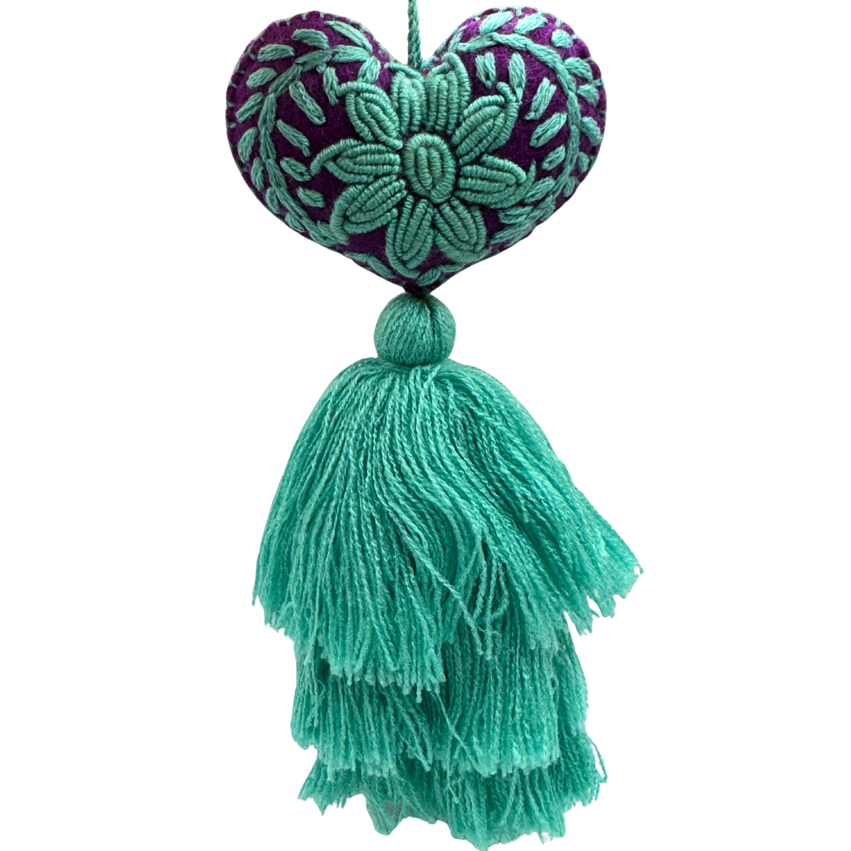 Embroidered Teal Sunflower Tassel Charm 4"