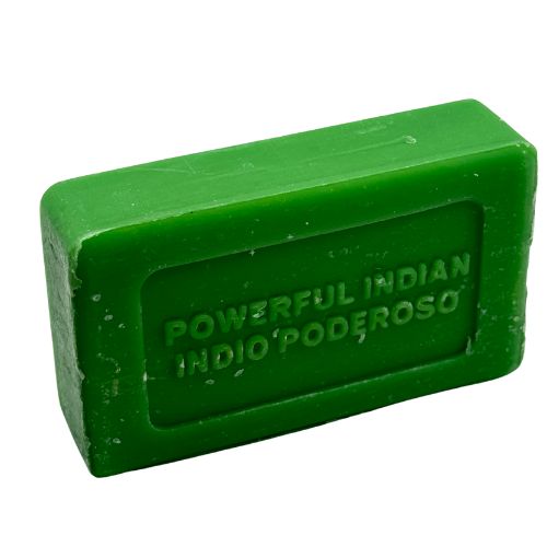 Green bar of soap with 'Powerful Indian Indo' text on a white background