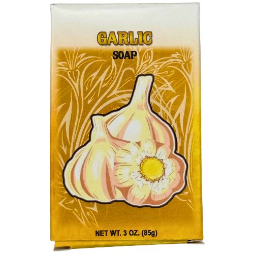 Garlic soap packaging with garlic bulb and flower illustration on a yellow background