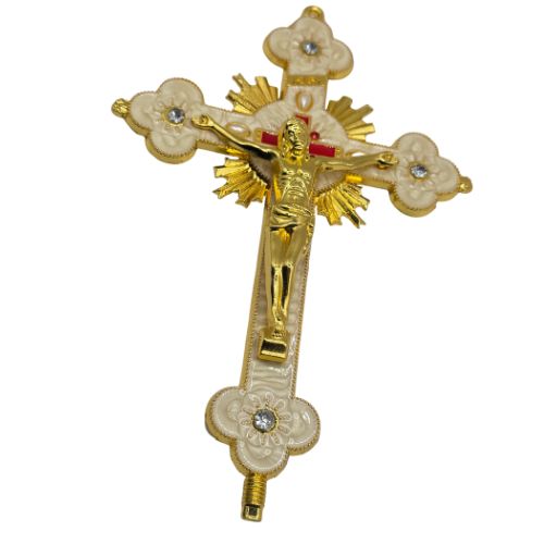 Ornate Metal Standing Crucifix Pearl Motif White 8"