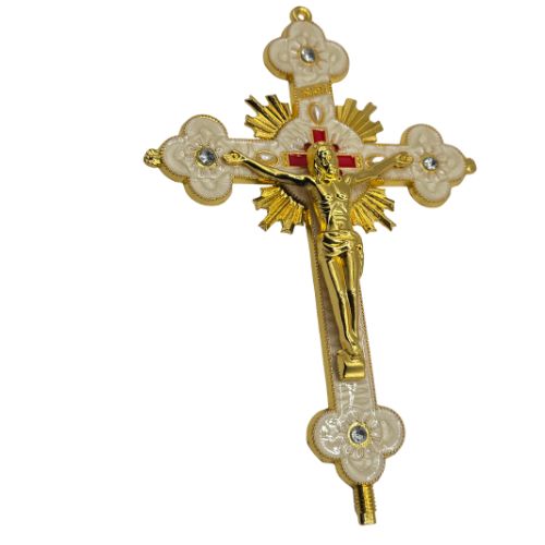 Ornate Metal Standing Crucifix Pearl Motif White 8"
