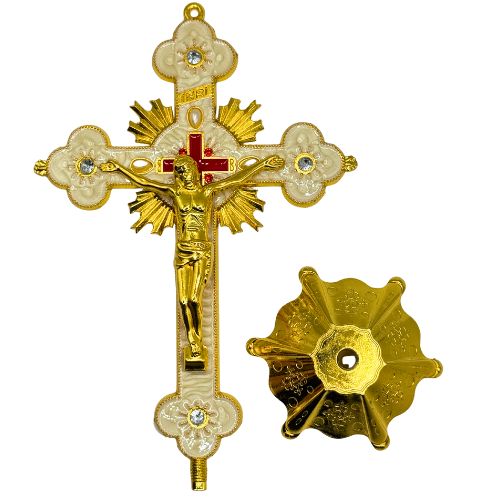 Ornate Metal Standing Crucifix Pearl Motif White 8"
