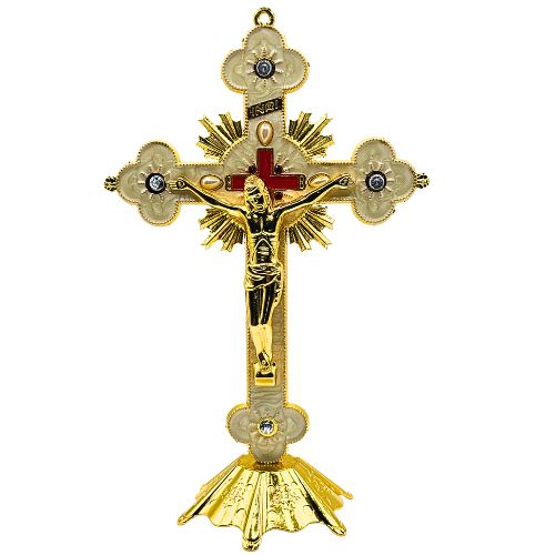 Ornate Metal Standing Crucifix Pearl Motif White 8"