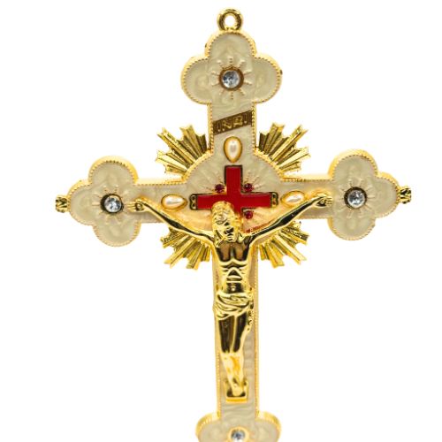 Ornate Metal Standing Crucifix Pearl Motif White 8"