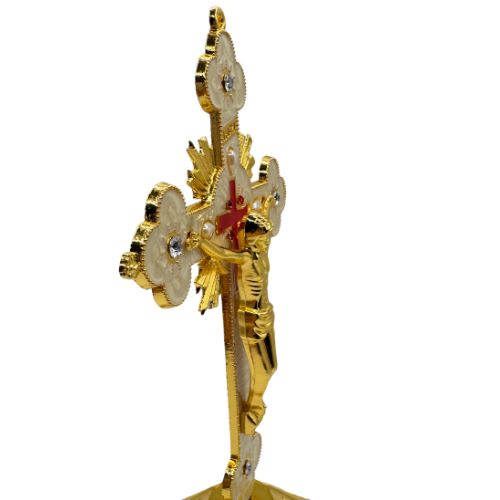 Ornate Metal Standing Crucifix Pearl Motif White 8"