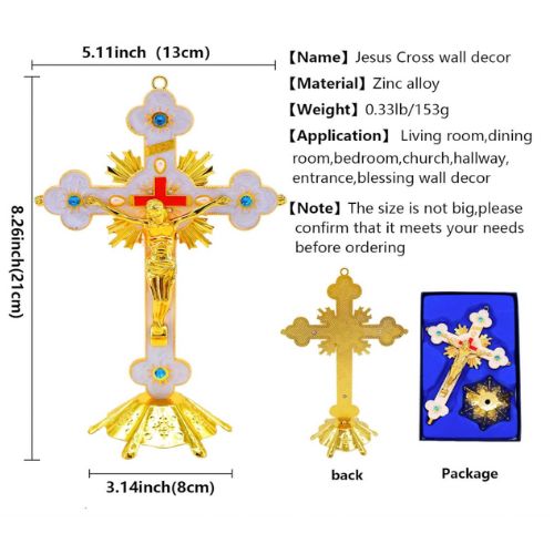 Ornate Metal Standing Crucifix Pearl Motif White 8"