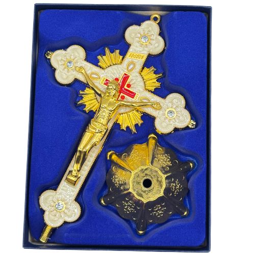 Ornate Metal Standing Crucifix Pearl Motif White 8"