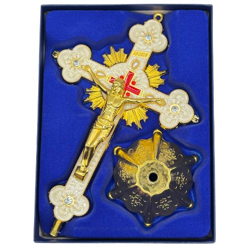 Ornate Metal Standing Crucifix Pearl Motif White 8"