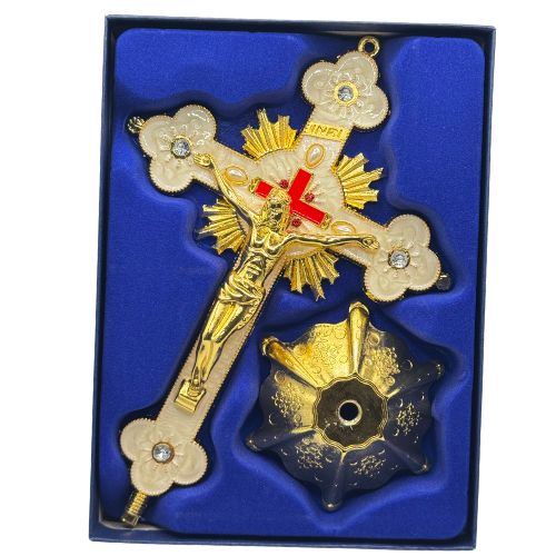 Ornate Metal Standing Crucifix Pearl Motif White 8"