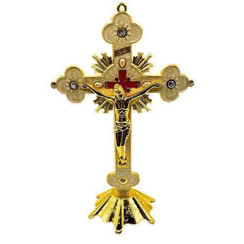 Ornate Metal Standing Crucifix Pearl Motif White 8"
