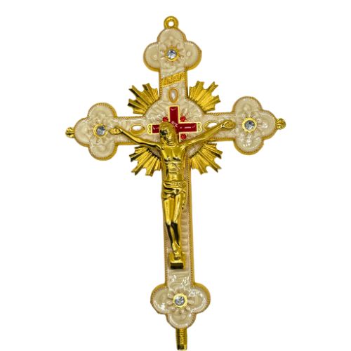 Ornate Metal Standing Crucifix Pearl Motif White 8"