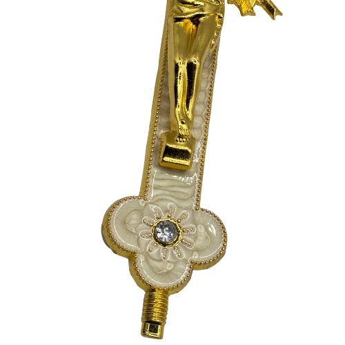 Ornate Metal Standing Crucifix Pearl Motif White 8"