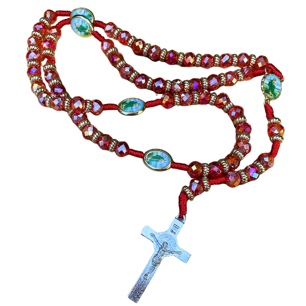 San Judas Rosary with Silver Plated Crucifix- Red