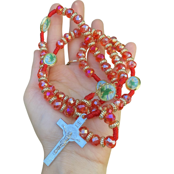 San Judas Rosary with Silver Plated Crucifix- Red