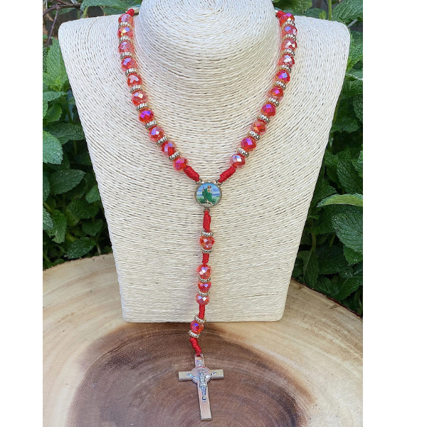 San Judas Rosary with Silver Plated Crucifix- Red