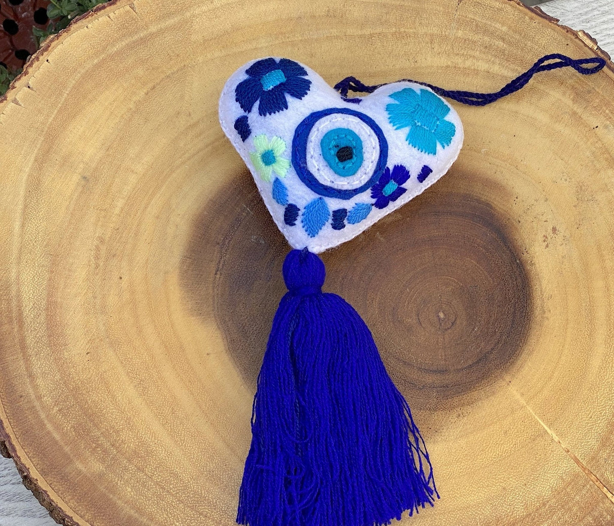 Embroidered Heart Tassel Blue Evil Eye - Shop Cosmic Healing