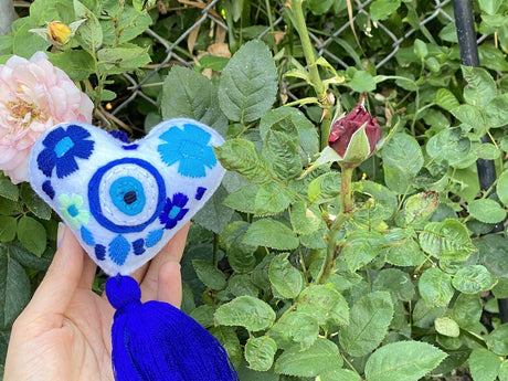 Embroidered Heart Tassel Blue Evil Eye - Shop Cosmic Healing