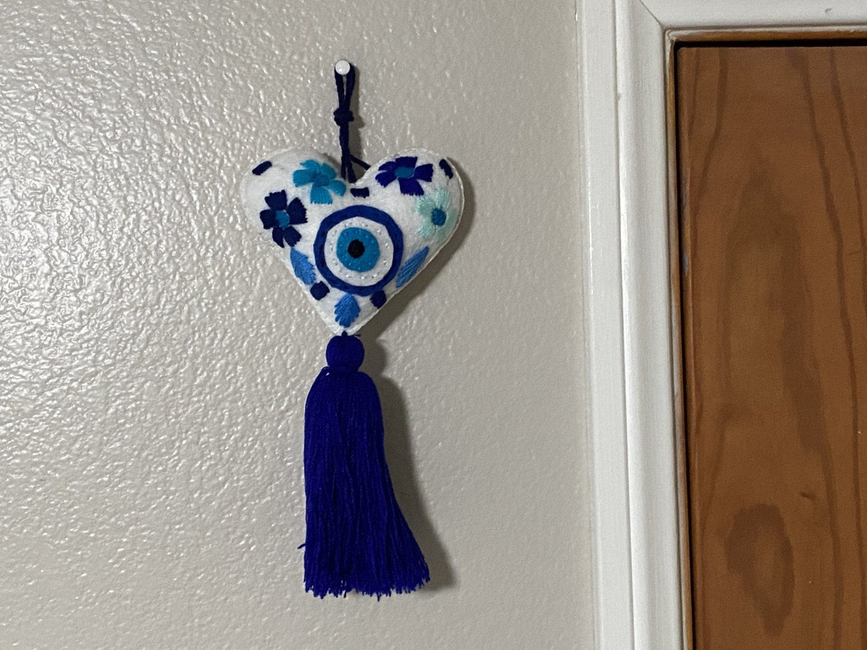 Embroidered Heart Tassel Blue Evil Eye - Shop Cosmic Healing