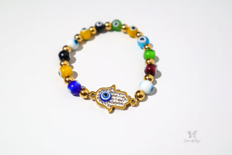 Hand of Fatima with Multi Color Evil Eye Bracelet