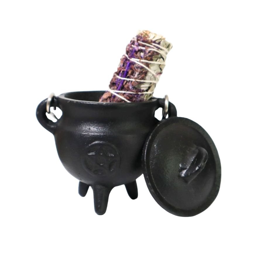 Mini Cast Iron Cauldron with Lid Pentacle Design 3"H 2.75"D - Shop Cosmic Healing