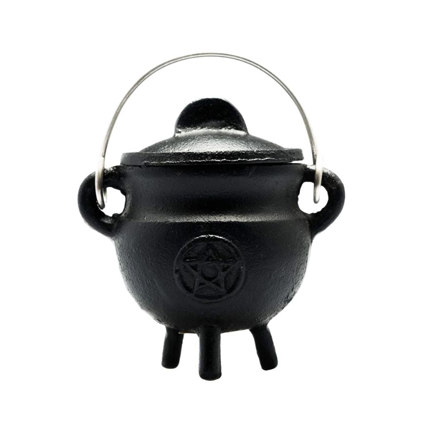 Mini Cast Iron Cauldron with Lid Pentacle Design 3"H 2.75"D - Shop Cosmic Healing