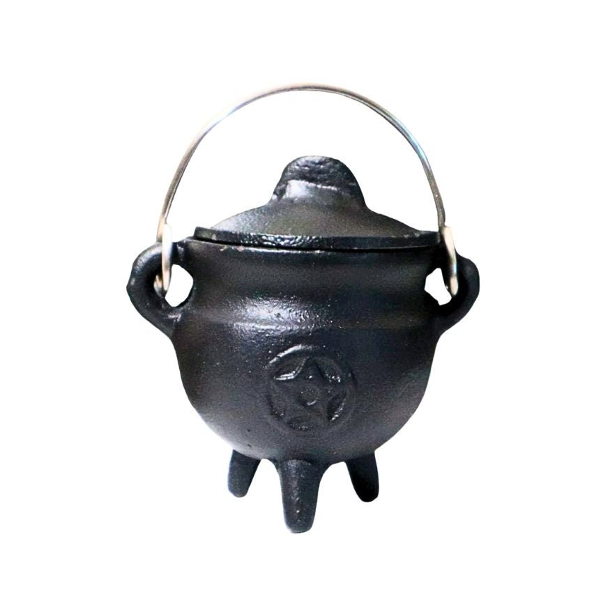 Mini Cast Iron Cauldron with Lid Pentacle Design 3"H 2.75"D - Shop Cosmic Healing
