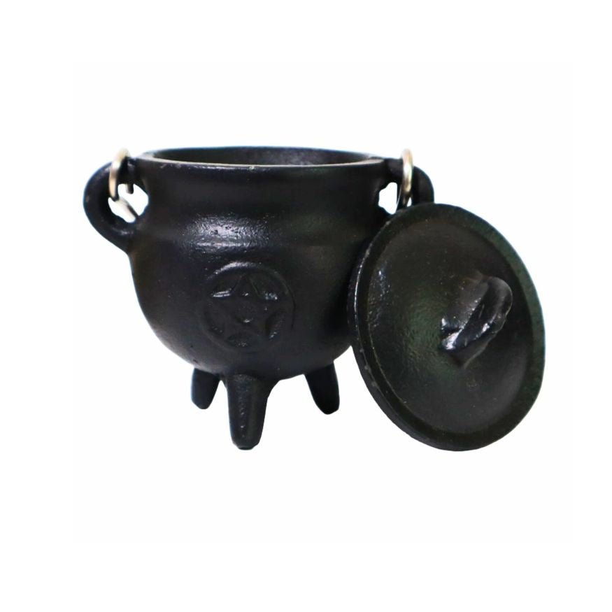 Mini Cast Iron Cauldron with Lid Pentacle Design 3"H 2.75"D - Shop Cosmic Healing
