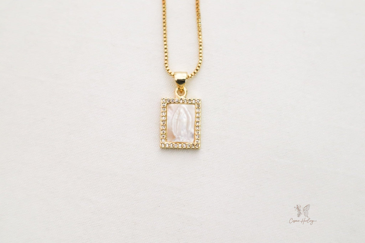 Mother of Pearl necklace featuring Our Lady of Guadalupe design
