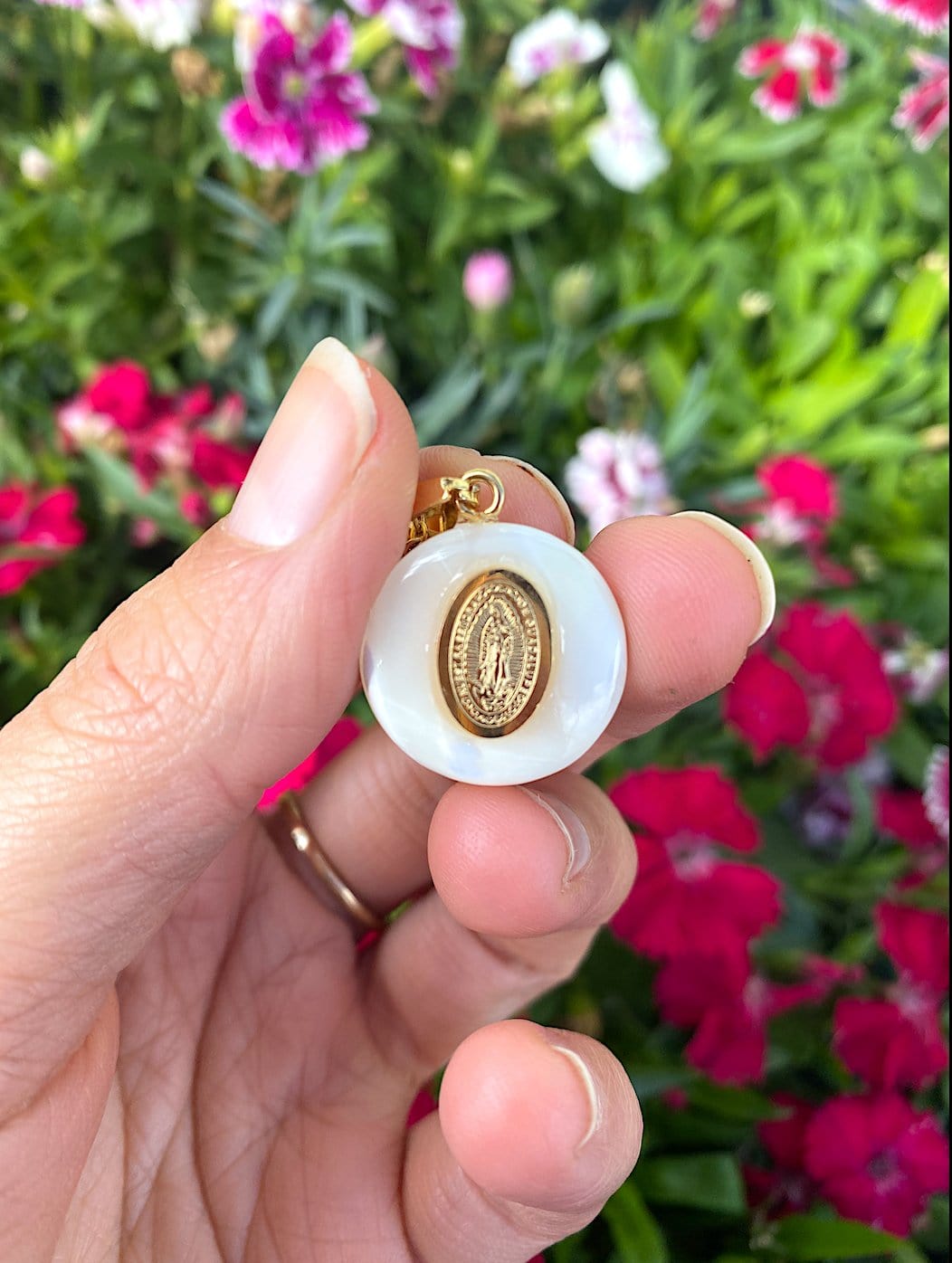 Pearl Shell Necklace with Virgin of Guadalupe Medal - Shop Cosmic Healing