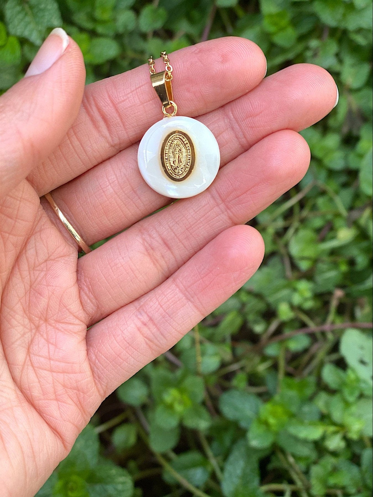 Pearl Shell Necklace with Virgin of Guadalupe Medal - Shop Cosmic Healing