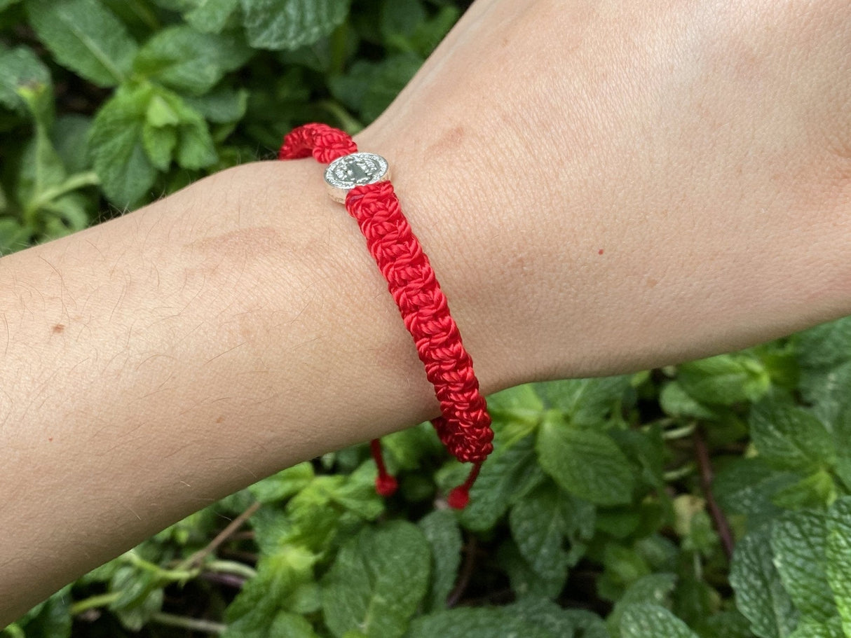 Hand Woven Red Bracelet with Saint Benedict Charm for Protection