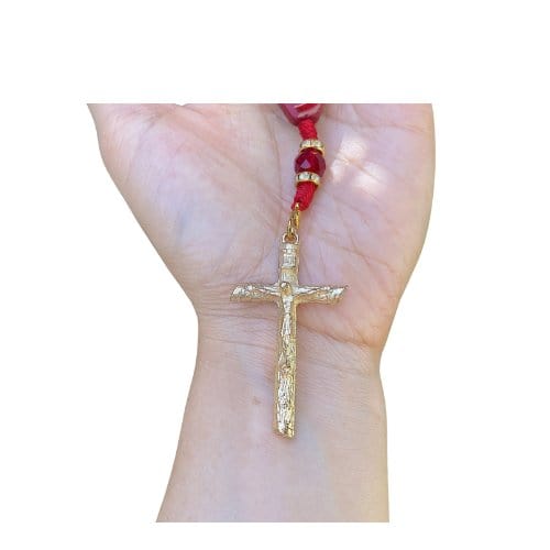 Red nylon knotted cord rosary with saint benedict
