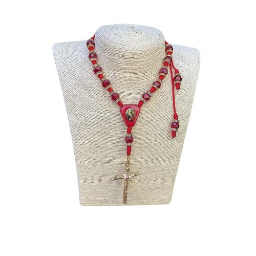 Saint benedict rosary in red with a knotted nylon cord