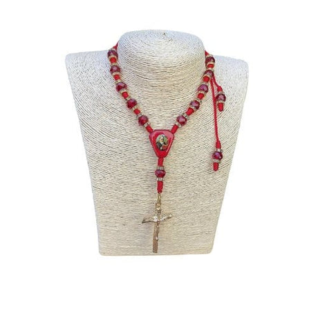 Saint benedict rosary in red with a knotted nylon cord