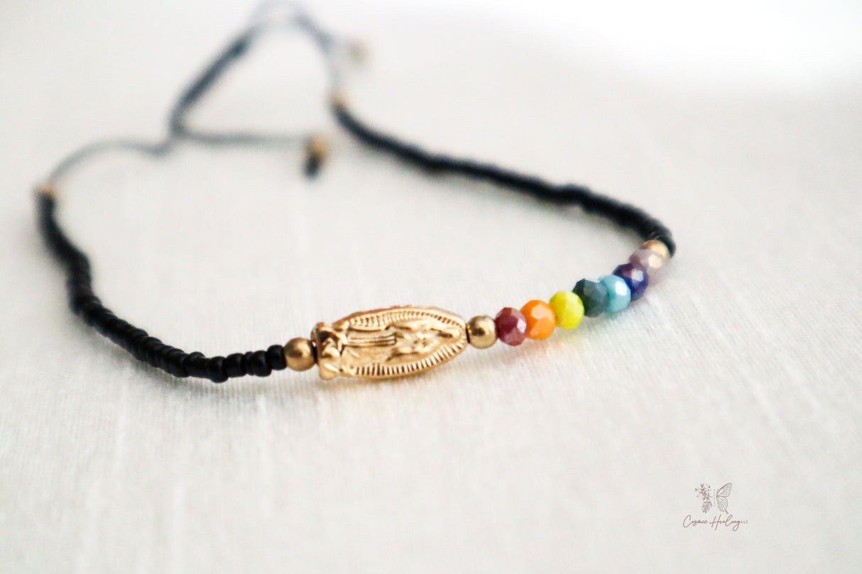 Seven Chakra Guadalupe Dainty Thread Bracelet-Black