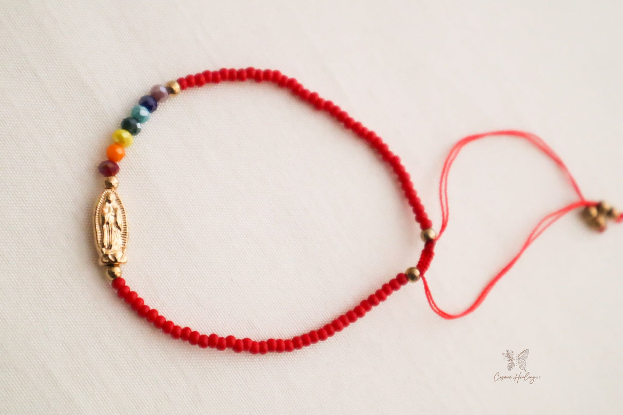 Red Dainty with Virgen de Guadalupe pendat and Seven Chakra stones