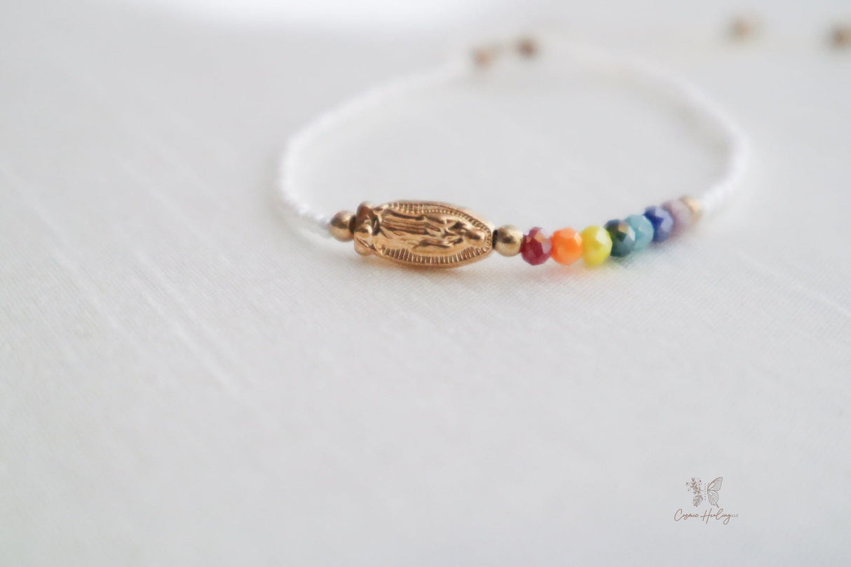 White thread bracelet featuring Seven Chakra and Guadalupe charm