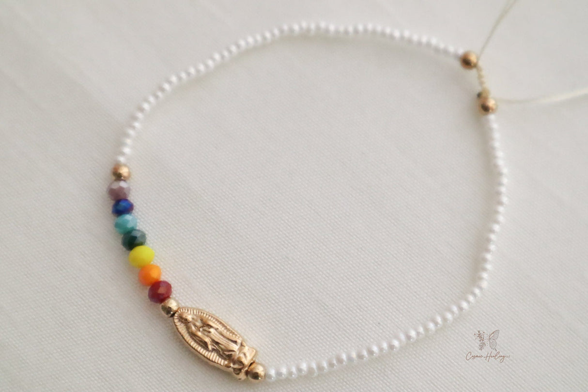 Seven Chakra Guadalupe bracelet crafted from soft white thread