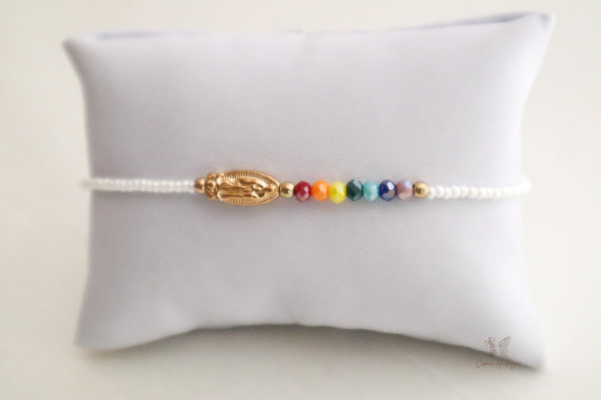 Seven Chakra bracelet & Guadalupe pendant with white dainty