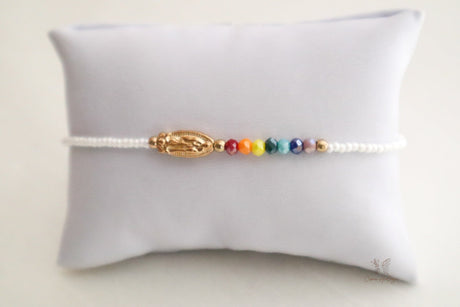 Seven Chakra bracelet & Guadalupe pendant with white dainty