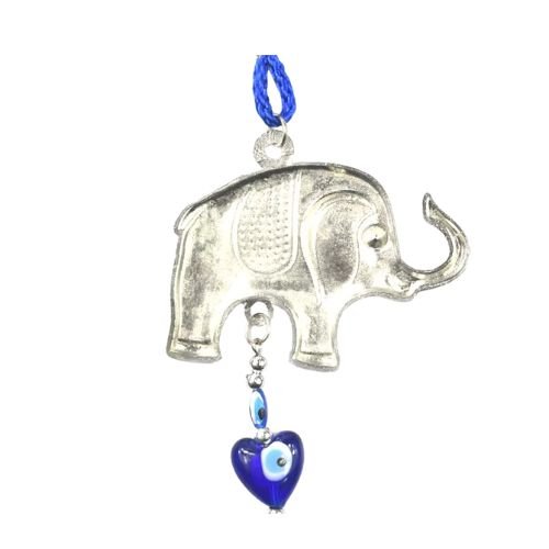Silver Hanging Lucky Elephant with Heart - Shaped Turkish Evil Eye - Shop Cosmic Healing