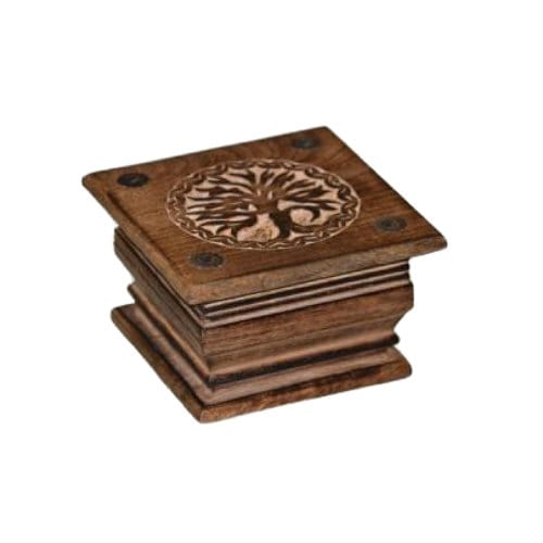 Tree of Life carved wood box, 6"x6"x3.75"H"