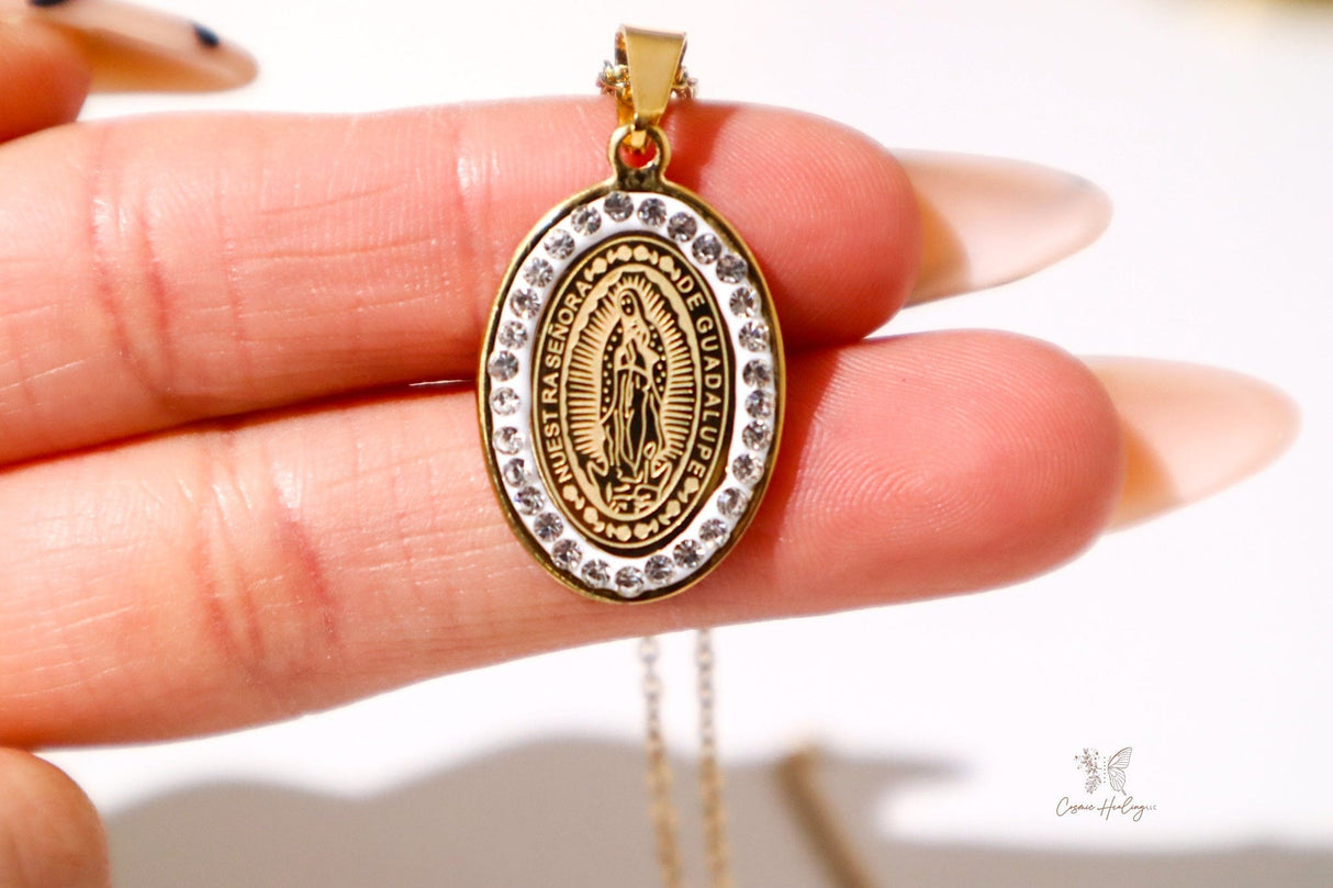 Virgen de Guadalupe necklace featuring a stunning cubic zirconia charm